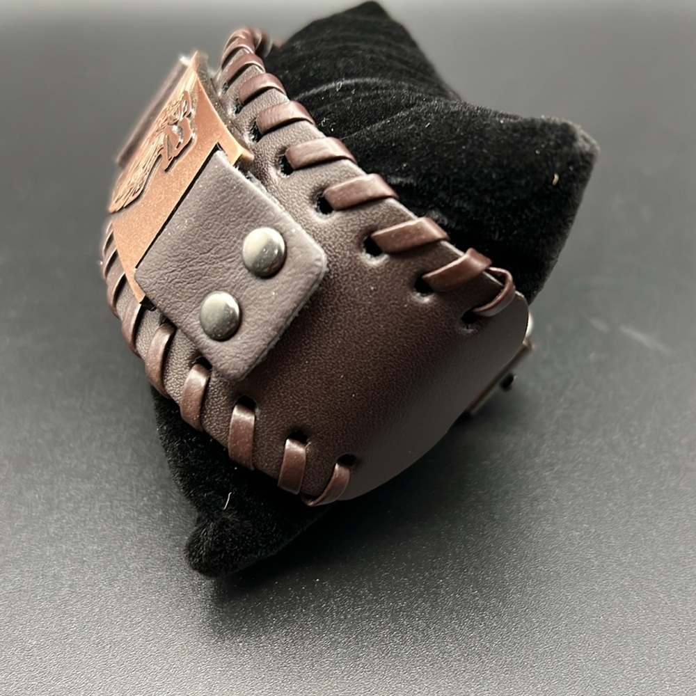 PRICE IS FIRM - Handmade Bronze Wolf Faux Leather Bracelet - Picture 3 of 7